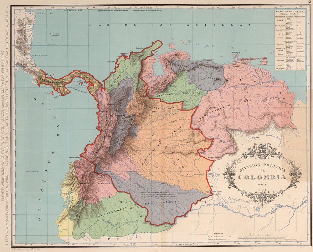 División político-territorial de Nueva Granada en 1824, donde Venezuela era un Departamento de aquel proyecto integracionista donde tanto Bolívar como Santander fueron protagonistas.